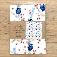 Load image into Gallery viewer, Single Blue Wren Mini's Handkerchief White Silken Twine Handkerchief