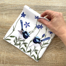 Load image into Gallery viewer, Single Superb Fairy Wren with Blue Bell Flowers Silken Twine Handkerchief