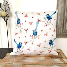 Load image into Gallery viewer, Splendid Blue Wren Cushion Cover 5 birds Cotton Drill Silken Twine Cushion Cover