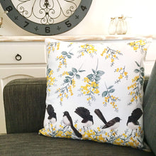 Load image into Gallery viewer, Willie Wagtail and Wattles Cushion Cover 5 birds Cotton Drill