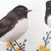 Load image into Gallery viewer, Willie Wagtail and Wattles Cushion Cover 5 birds Cotton Drill