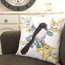 Load image into Gallery viewer, Willie Wagtail and Wattles Cushion Cover single bird Cotton Drill