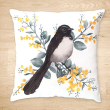 Load image into Gallery viewer, Willie Wagtail and Wattles Cushion Cover single bird Cotton Drill