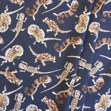 Load image into Gallery viewer, Australian Lizard Fabric Navy Cotton Poplin by the half meter Silken Twine