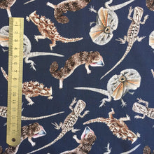 Load image into Gallery viewer, Australian Lizard Fabric Navy Cotton Poplin by the half meter Silken Twine