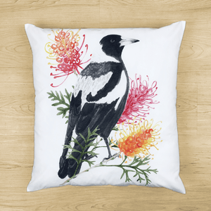Magpie and Grevillea Cushion Cover Side Canvas Silken Twine Cushion Cover