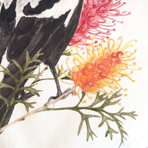 Magpie and Grevillea Cushion Cover Side Cotton Drill
