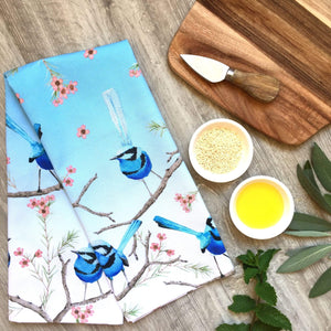 Splendid Blue Wren Tea towel Silken Twine Tea Towel