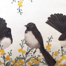 Load image into Gallery viewer, Willie Wagtail and Wattles Cushion Cover 5 birds Cotton Drill
