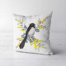 Load image into Gallery viewer, Willie Wagtail and Wattles Cushion Cover single bird Poplin Silken Twine Cushion Cover